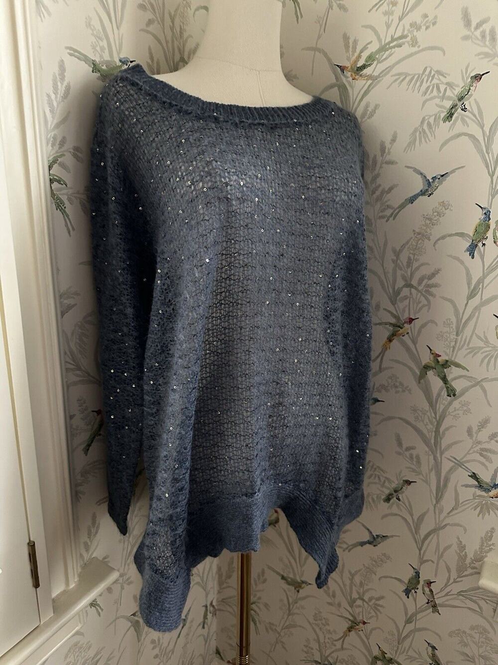 Soft Surroundings Sparkle Sweater Blue Crochet Pullover Womens S Made In Italy